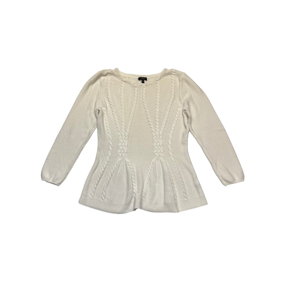 Cupio White Cable Knit Peplum Long Sleeve Coastal Cottage Sweater Size M